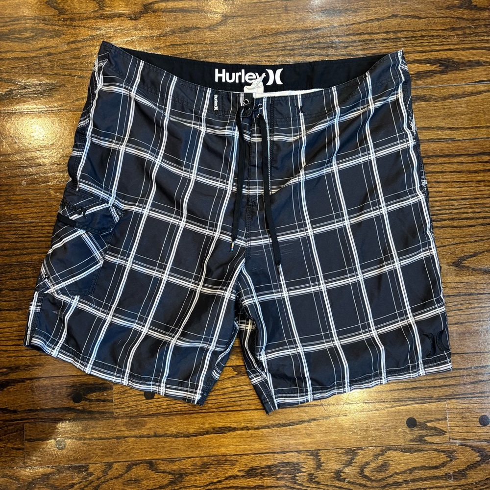 Hurley Black and White Plaid Board Shorts